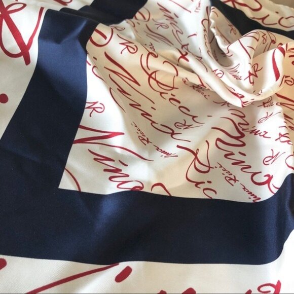 NINA RICCI Silk Ivory Red Navy Border Square Scarf with Logo Writing - Picture 4 of 8